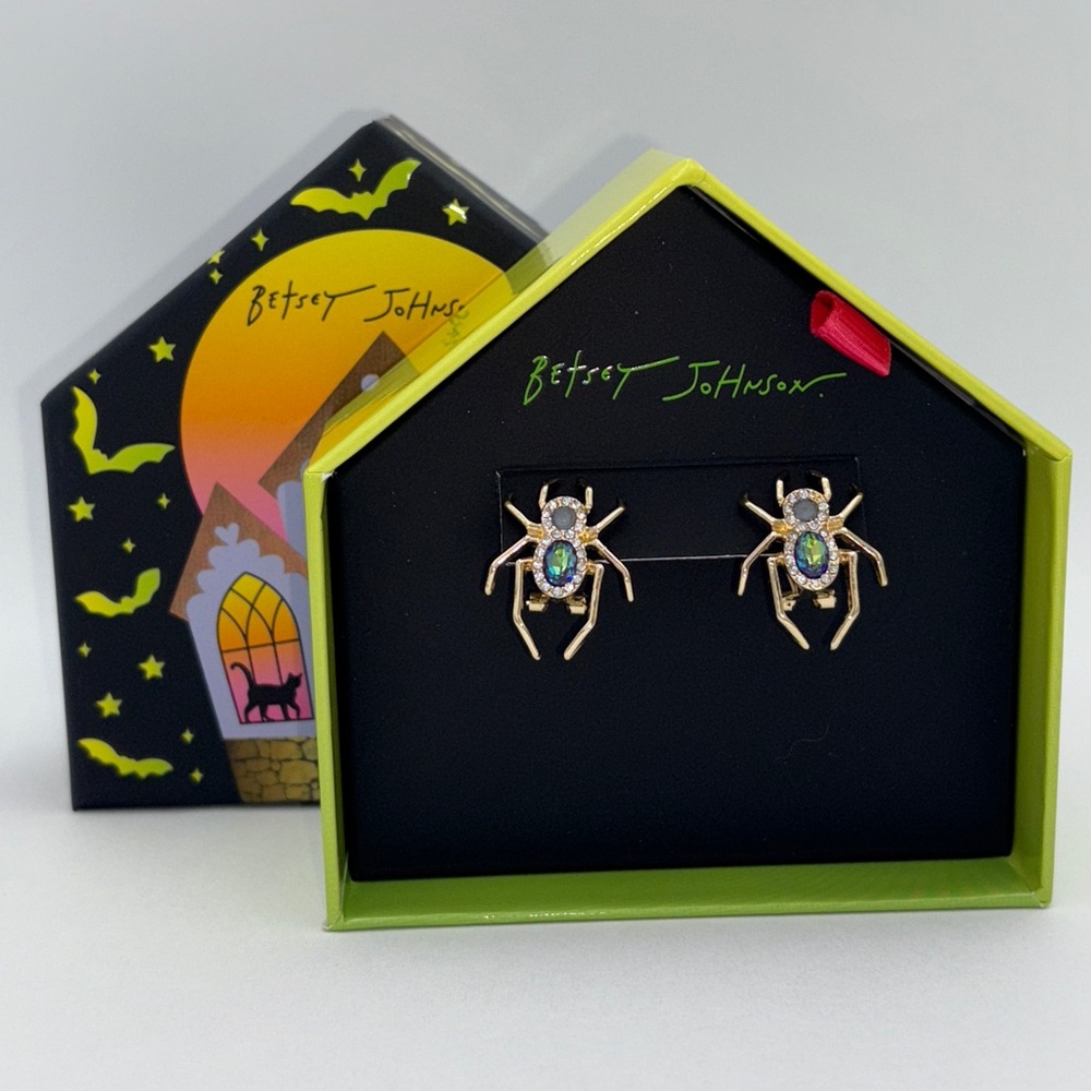 Betsey Johnson Jeweled Gold Spider Stud Earrings New